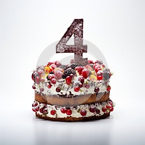 Frosted Cake With Number 4 And Fruits - Cranberrycore Style photo