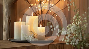 Frosted Candles and Blossoms on Wooden Table