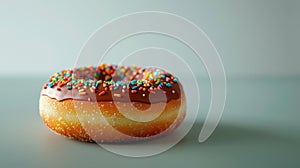 Frosted chocolate donut over gray background.