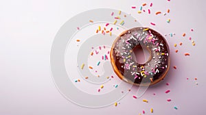 Frosted chocolate donut over pink background.