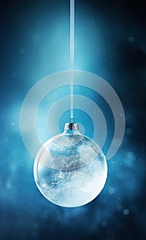 Frosted Christmas bauble, glass ball on winter background