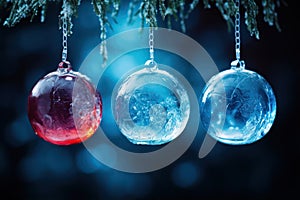 Frosted Christmas baubles, icy glass balls