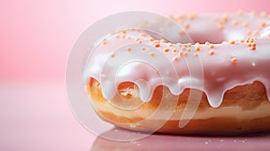 A frosted donut with pink icing on a pink background, AI