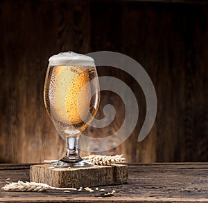 Frosted glass of beer on the wooden table