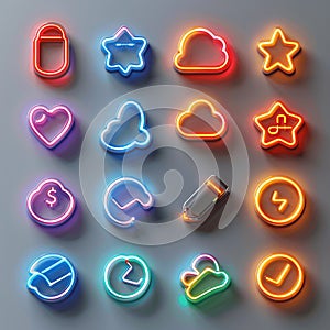 Frosted glass icon set: community in neon light.