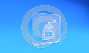 Frosted glass Manual coffee grinder icon isolated on blue background. Square frosted glass button. 3D render
