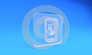 Frosted glass Smartphone, mobile phone with security shield icon isolated on blue background. Square frosted glass