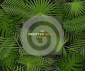 Frosted glass square banner on green summer tropical background with exotic palm leaves and plant. Vector floral design in