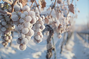 Frosted grapes on vines in a snowy vineyard at sunrise