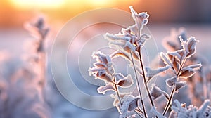 Frosted grass in a field at sunset. Beautiful winter landscape.