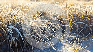 Frosted grass shimmering in the early morning sunlight background