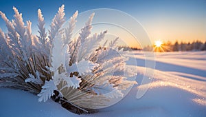 Frosted grass and sunset in the background