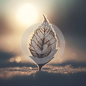 Frosted leaf with sunlight effect. Nature background, winter morning wallpaper, closeup, generative ai