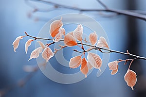 frosted leaves on a tree branch with a blue sky in the background
