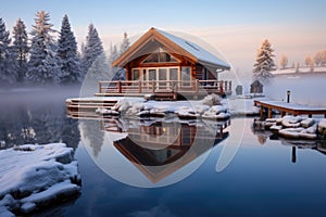frosted log cabin and pier reflecting on an icy lake