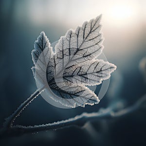Frosted maple leaf on a branch in the morning sun, beautiful winter nature background, generative ai