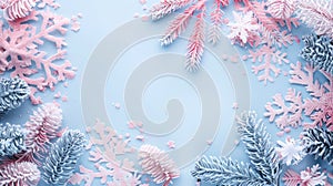 Frosted pine cones and snowflakes on pastel blue background