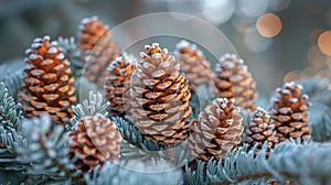 Frosted pine cones on a spruce branch