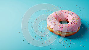 Frosted pink donut over blue background.