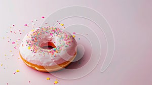 Frosted pink donut over pink background.