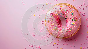 Frosted pink donut over pink background.