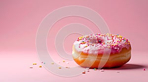 Frosted pink donut over pink background.