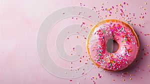 Frosted pink donut over pink background.