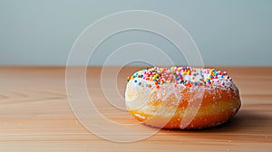Frosted pink donut over wood background.