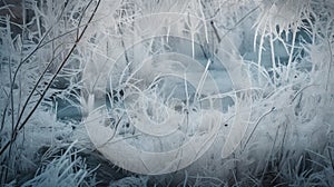 frosted plants and grass in a field with water in the background