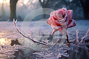 a frosted rose on top of a frozen puddle, under a tree