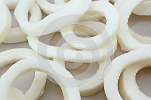 frosted squid body rings clos up photo on white table background