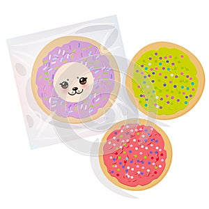 Frosted sugar cookies, Set Italian Freshly baked biscuit in transparent plastic package with pink violet green frosting and colorf