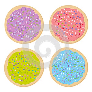 Frosted sugar cookies, Set Italian Freshly baked cookies with pink violet blue green frosting and colorful sprinkles. Bright color