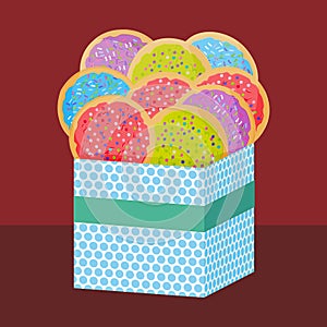 Frosted sugar cookies, Set Italian Freshly baked sugar cookies with pink green violet blue frosting and colorful sprinkles. Presen