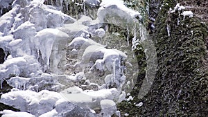 Frosted Waterfall Brook in Winter, Creek Icicle on Mountain Cliffs, Frozen Snow