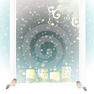 Frosted window with Christmas decoration.