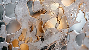 A frosted window displaying intricate ice patterns in close-up detail.