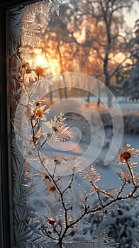 Frosted Windowpane Obscuring a Wintry Morning The frost blurs with light