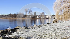 Frostiness in winter with blue sky and small lake