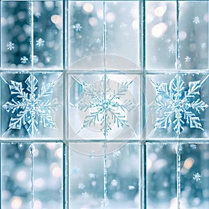 Frostwork. Close up of snowflakes on the window glass. Winter background.