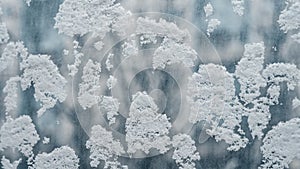 Frostwork. Decorative crystals of ice and snow on the window against the background of the city and sky. Frosty pattern. Ice