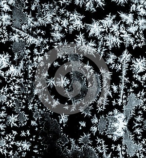 Frostwork pattern ice crystals on black background. Dark surface with abstract ice structure makes to overlay or add a frost effec