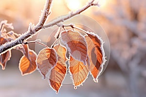 Frosty autumn leaves on branch