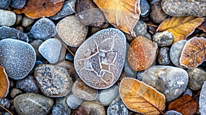 Frosty autumn leaves, rock textures, icy patterns, forest floor close-up, nature details, winter transition, seasonal photo