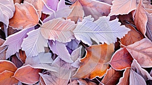 Frosty autumn morning. Hoarfrost on autumn leaves