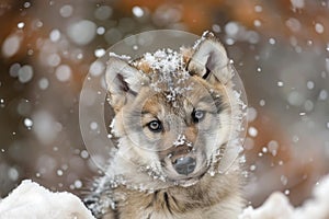 Frosty Baby wolf in snow nature. Generate Ai