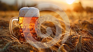 Frosty beer mug nestled among ripe golden barley in a field at sunset