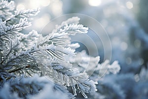 frosty branches of a pine tree with snow on them