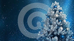 Frosty Christmas Tree Adorned with Blue and Silver Ornaments