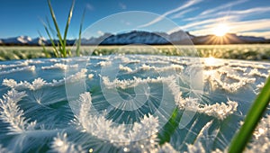 Delicate Ice Crystals Forming on a Cold Surface with a Mountain Backdrop.